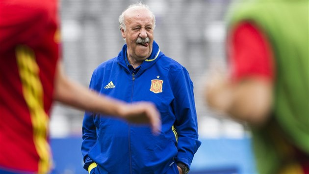 Vicente del Bosque sleduje panlsk fotbalisty na trninku.