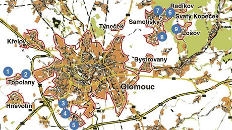 Mapka zobrazujc lokality v Olomouci a jejch mstnch stech, kter jsou...