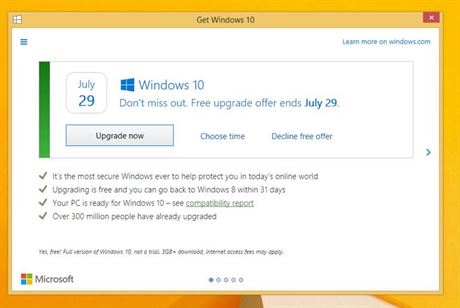 Nové okno s nabídkou na upgrade na Windows 10 nabízí konen i odmítnutí...