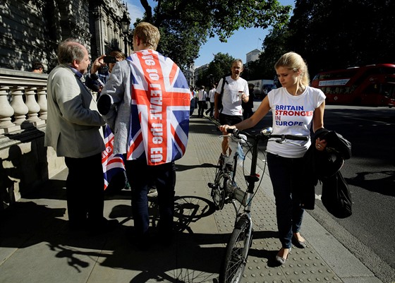 Píznivci brexitu (vlevo) oslavují v centru Londýna výsledky národního...