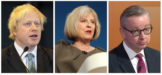 Hlavní favorité na funkci premiéra Velké Británie: Zlava Boris Johnson, Teresa...