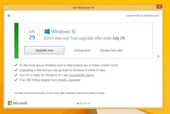 Nové okno s nabídkou na upgrade na Windows 10 nabízí konen i odmítnutí...