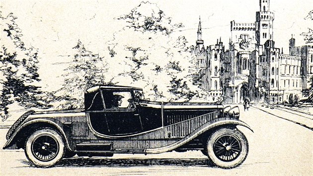 koda-Hispano-Suiza jako reklamn kresba na dobov automap.