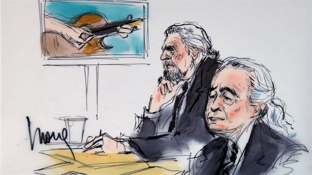 Robert Plant (vlevo) a Jimmy Page z kapely Led Zeppelin na kresb ze soudn sn