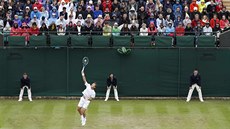 eský tenista Tomá Berdych podává ve 2. kole Wimbledonu.