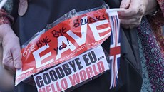 Sbohem EU, hlásí nápis v rukou píznivkyn brexitu (24. erven 2016)