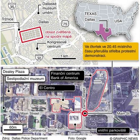 Mapa centra Dallasu, kde pi stelb zahynulo pt policist.