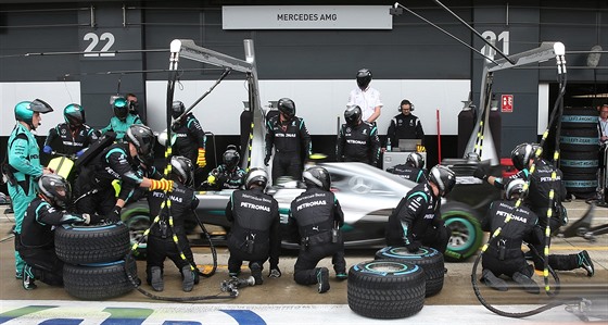Nmec Nico Rosberg a jeho zastávka v boxech bhem Velké ceny Británie.