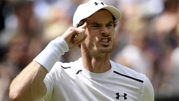 Tenista Andy Murray se raduje bhem finle Wimbledonu proti Milosi Raonicovi.