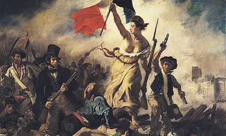 Svoboda vede lid na barikády. Marianna na obrazu Eugena Delacroixe jako...