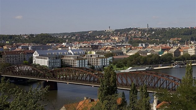 Vizualizace chystan stavby River Terrace Hotelu, kter m vyrst na Hoejm nbe, v sousedstv elezninho mostu ze Smchova na Vto.