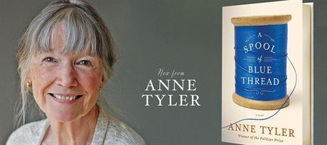 Plakát k anglickému vydání nové knihy Anne Tylerové pulka modré nit