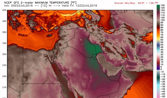Mapa ukazuje maximální teploty na Arabském poloostrov a v jeho okolí (22....