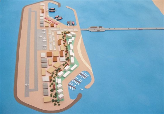 Vizualizace plánovaného umlého ostrova s  pístavem u Pásma Gazy