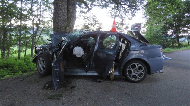 idi Alfy Romeo vyjel ze silnice a vrazil do stromu. Dva spolujezdci nehodu nepeili.
