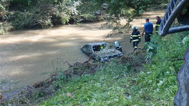 Vyproovn utopen kody Octavie z eky Vlry u msta Brumov-Bylnice na Zlnsku (7. srpna 2016).