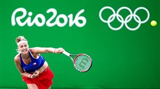 Tenistka Petra Kvitová v úvodním olympijském utkání s Maarkou Timeou...