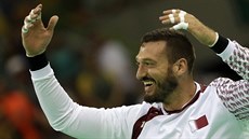 Katarský házenká Borja Fernández slaví výhru nad Chorvatskem.