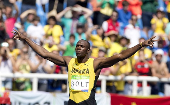 Jamajský sprinter Usain Bolt v olympijském závodu na 200 metr. (16. srpna 2016)