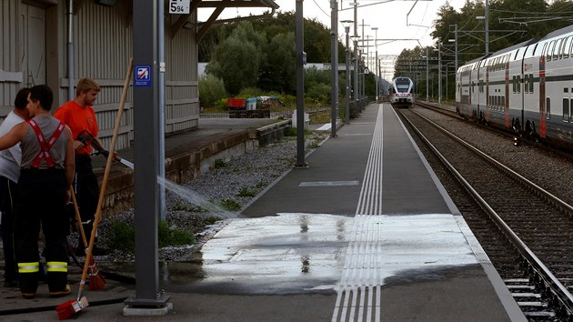 Pracovnci uklzej tak nstupit na ndra v msteku Salez. (13. 8. 2016)