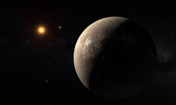 Ilustrace planety Proxima Centauri b s hvzdou v pozadí