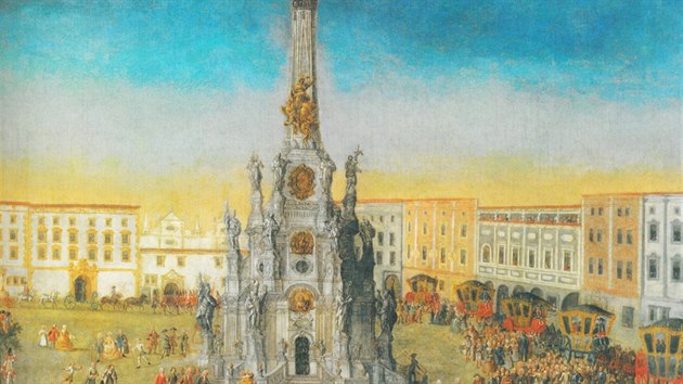 Detail z obrazu Františka Vavřince Korompay z roku 1783 zachycuje slavnostní vjezd kardinála Troyera do Olomouce. Na obraze je k vidění i tehdy relativně nový sloup Nejsvětější Trojice natřený bílou barvou, která měla imitovat mramor. Ve skutečnosti je postaven z pískovce.