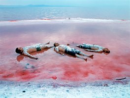 SOLNÁ KOUPEL. Ti Íránci pokrytí solí leí na behu Urmijského jezera v...