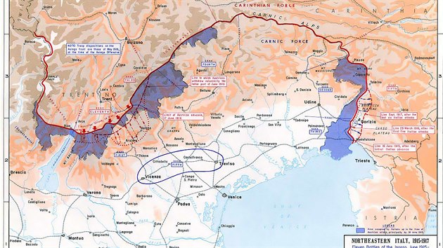 Mapa znzorujc italsko-rakouskou frontovou linii vletech 19151917. Modr barva oznauje oblasti italskch zemnch zisk vpoten fzi boj.