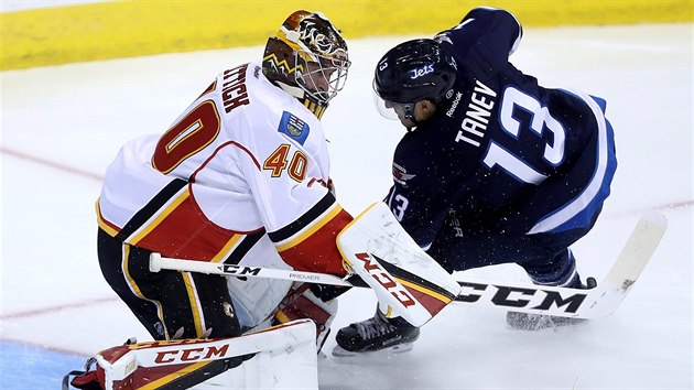 Calgarsk glman  David Rittich likviduje anci Brandona Taneva z Winnipegu.