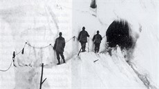 Rakoutí vojáci ped úkrytem vydlabaným v ledu v oblasti prsmyku Stelvio