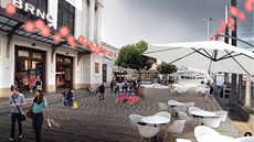 Před nádražím v Brně se lidé ve čtvrtek usadí ke stolkům se slunečníky. Před nádražím v Brně se lidé ve čtvrtek usadí ke stolkům se slunečníky.