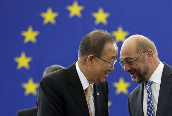 Pedseda Evropského parlamentu Martin Schulz a generální tajemník OSN Pan...