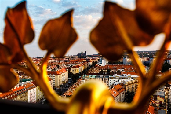 Skrz lipové listy, které zdobí zábradlí hotelu International, jsou vidt...