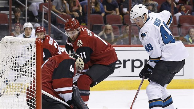 Tom Hertl (vpravo) ze San Jose stl na arizonskho branke Mikea Smithe, uprosted si obrann koly pln Martin Hanzal.