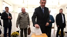 Mezi prvními volil v Prhonicích u Prahy ministr financí a éf hnutí ANO Andrej...
