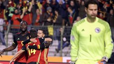 Belgiané slaví gól v utkání proti Bosn a Hercegovin.