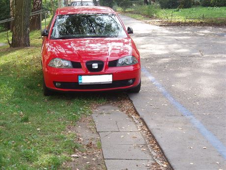 Modré áry vyznaující zóny placeného stání v Súdánské ulici ve Vokovicích tu...