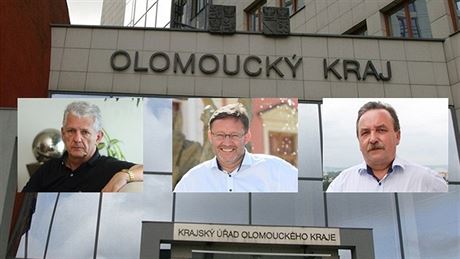 Lídi stran, je v Olomouckém kraji sestavují koalici. Oto Kota z ANO (vlevo) bude hejtmanem, Jií Zemánek z SSD (uprosted) jeho 1. námstkem. Trojici dopluje vpravo lídr ODS Dalibor Horák.