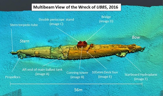 Analýza sonarových snímk, která ukazuje vrak ponorky UB-85.
