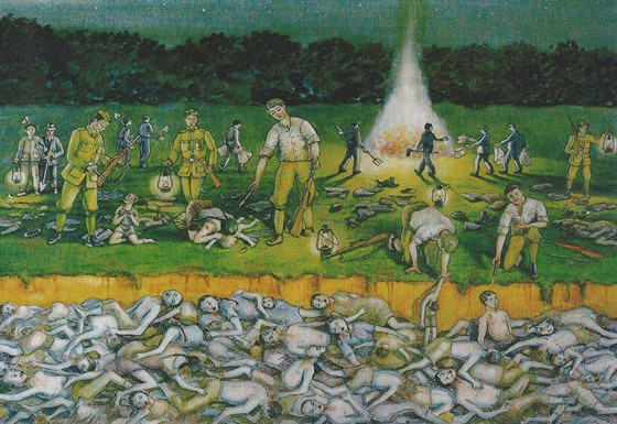 Obraz masakru a hromadného hrobu na védských ancích u Perova. Pochází z...
