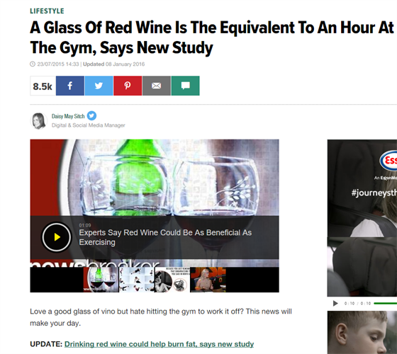 „Sklenice červeného vína se vyrovná hodině v posilovně, říká nová studie“ (23. 7. 2015, Huffington Post)