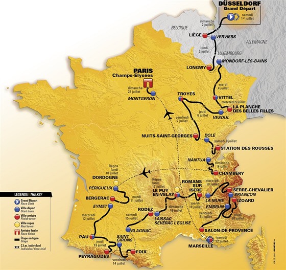 Mapa vech etap Tour de France 2017