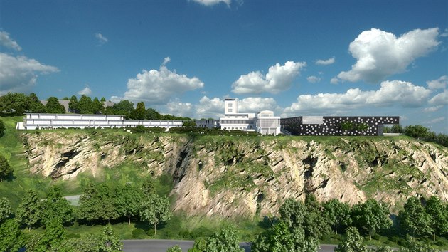 Vizualizace Barrandovských teras po rekonstrukci. Stávající historická budova s vyhlídkou bude obnovena a vznikne v ní restaurace, po jejích obou stranách vyroste hotel rozdělený do dvou částí a bistro. Součástí bude také podzemní parkoviště. Bazén rekonstrukcí neprojde (13.10.2016).