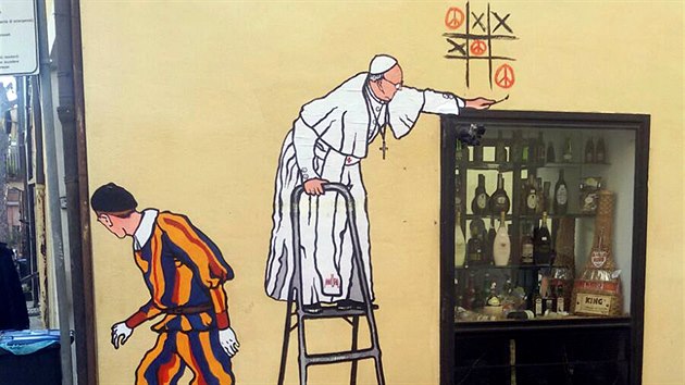 Pape Frantiek na graffiti v msk ulici Borgo Pio vedouc k branm Vatiknu (19. jna 2016)