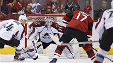 Radim Vrbata (v červeném) z Arizony střílí na branku gólmana Calvina Pickarda z... Radim Vrbata (v červeném) z Arizony střílí na branku gólmana Calvina Pickarda z...