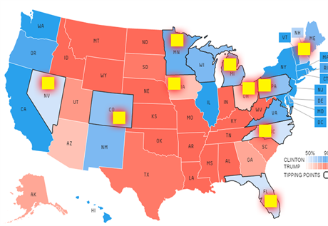 Mapa volebnch prognz s vyznaenmi msty poslednch Trumpovch zastvek