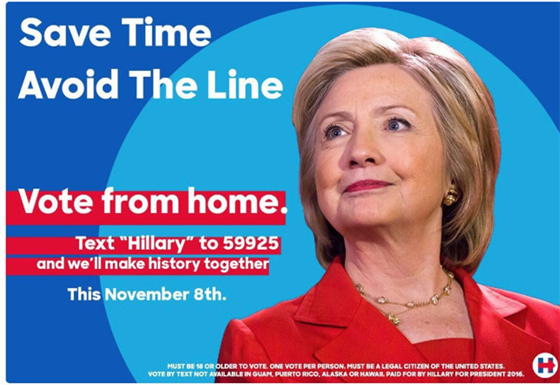 Falená reklama vyzývá volie Clintonové, aby volili SMS, co ovem zákon...