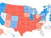 Rozdlen stt podle preferenc. v modrch vede Hillary Clinotnov, v...