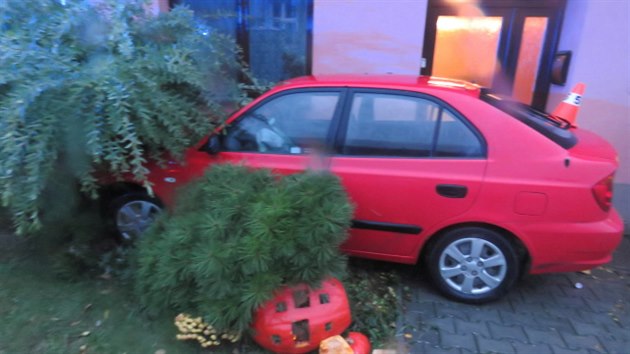 Mlad idika hyundai nezvldla na rovnm seku silnice zen a nabourala do zaparkovanho peugeotu a fasdy domu.