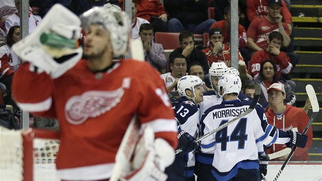 Hokejist Winnipegu slav gl, detroitsk brank Petr Mrzek se oberstvuje.